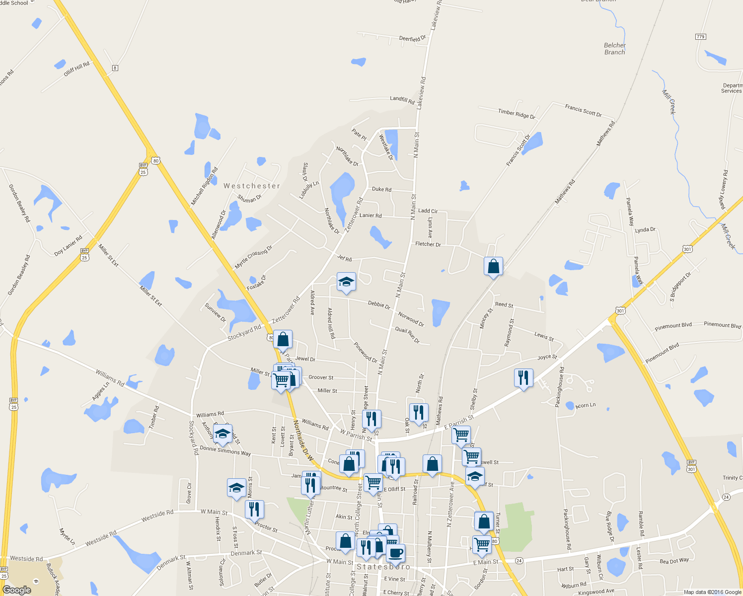 map of restaurants, bars, coffee shops, grocery stores, and more near 112 Debbie Drive in Statesboro