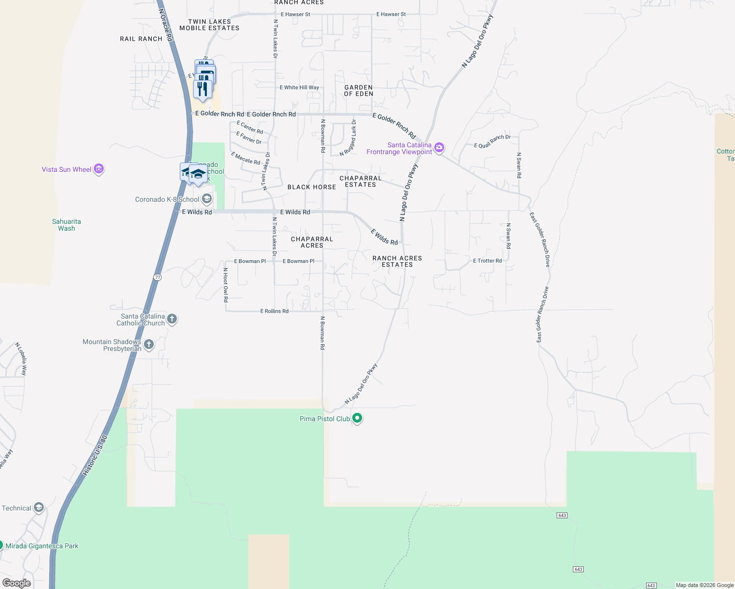map of restaurants, bars, coffee shops, grocery stores, and more near 4075 East Rollins Road in Tucson