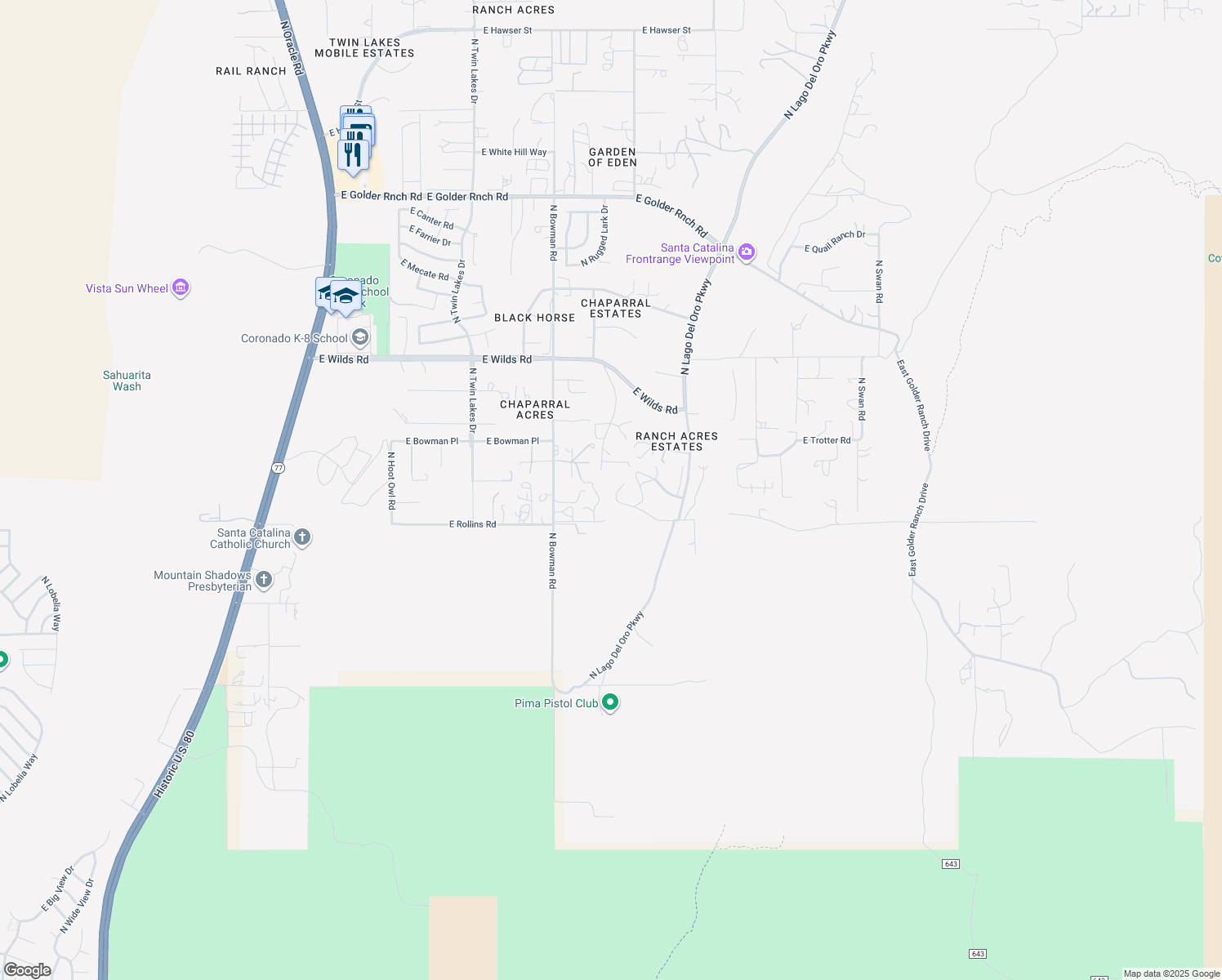 map of restaurants, bars, coffee shops, grocery stores, and more near 4075 East Rollins Road in Tucson