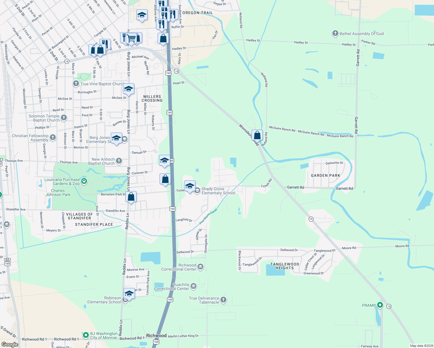 map of restaurants, bars, coffee shops, grocery stores, and more near 29 Honeysuckle Dr in Monroe