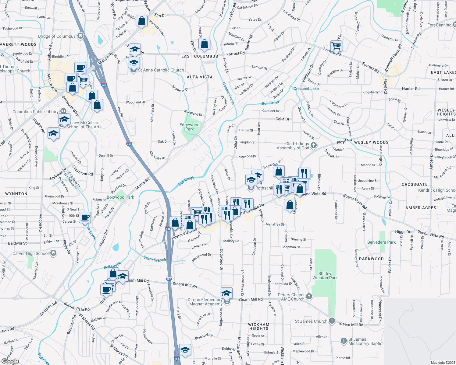 map of restaurants, bars, coffee shops, grocery stores, and more near 1119 Betty Drive in Columbus