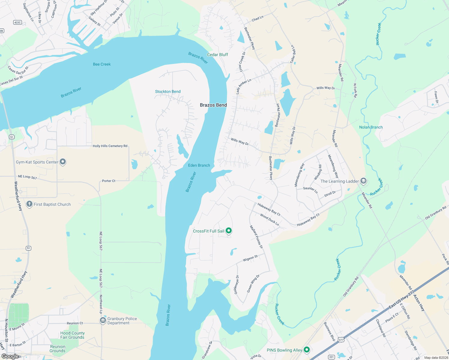 map of restaurants, bars, coffee shops, grocery stores, and more near 1916 West Emerald Bend Court in Granbury