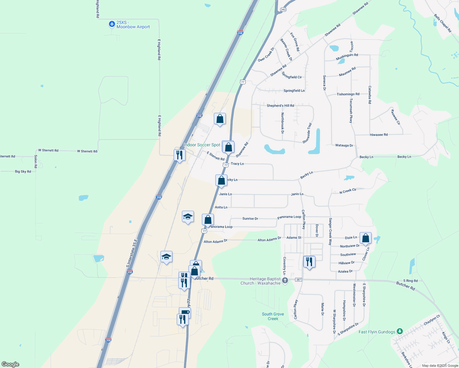 map of restaurants, bars, coffee shops, grocery stores, and more near 104 Becky Lane in Waxahachie