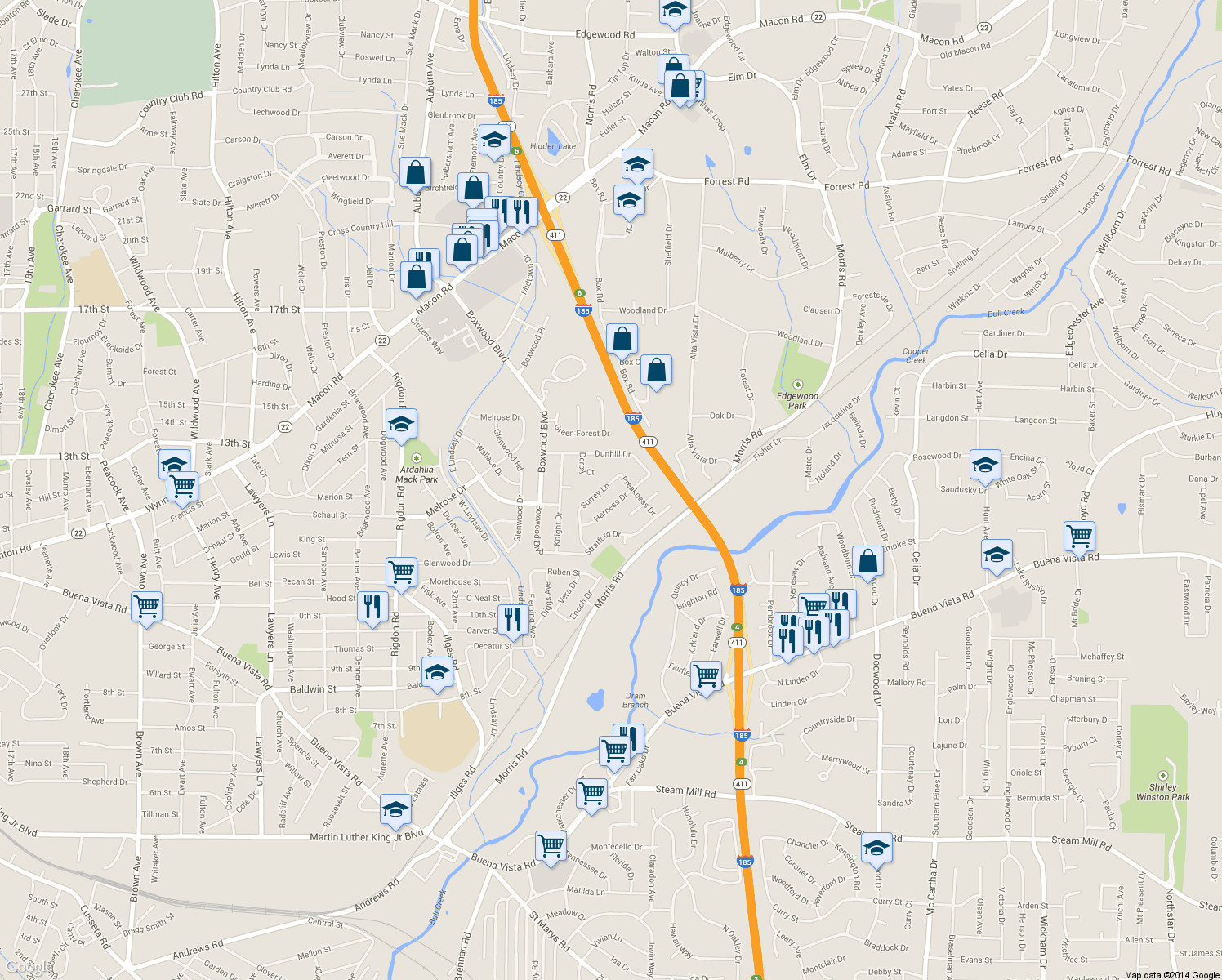 map of restaurants, bars, coffee shops, grocery stores, and more near 3650 Surrey Lane in Columbus
