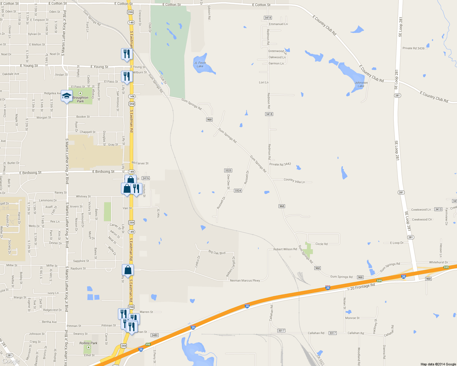map of restaurants, bars, coffee shops, grocery stores, and more near Dee Dee St in Longview