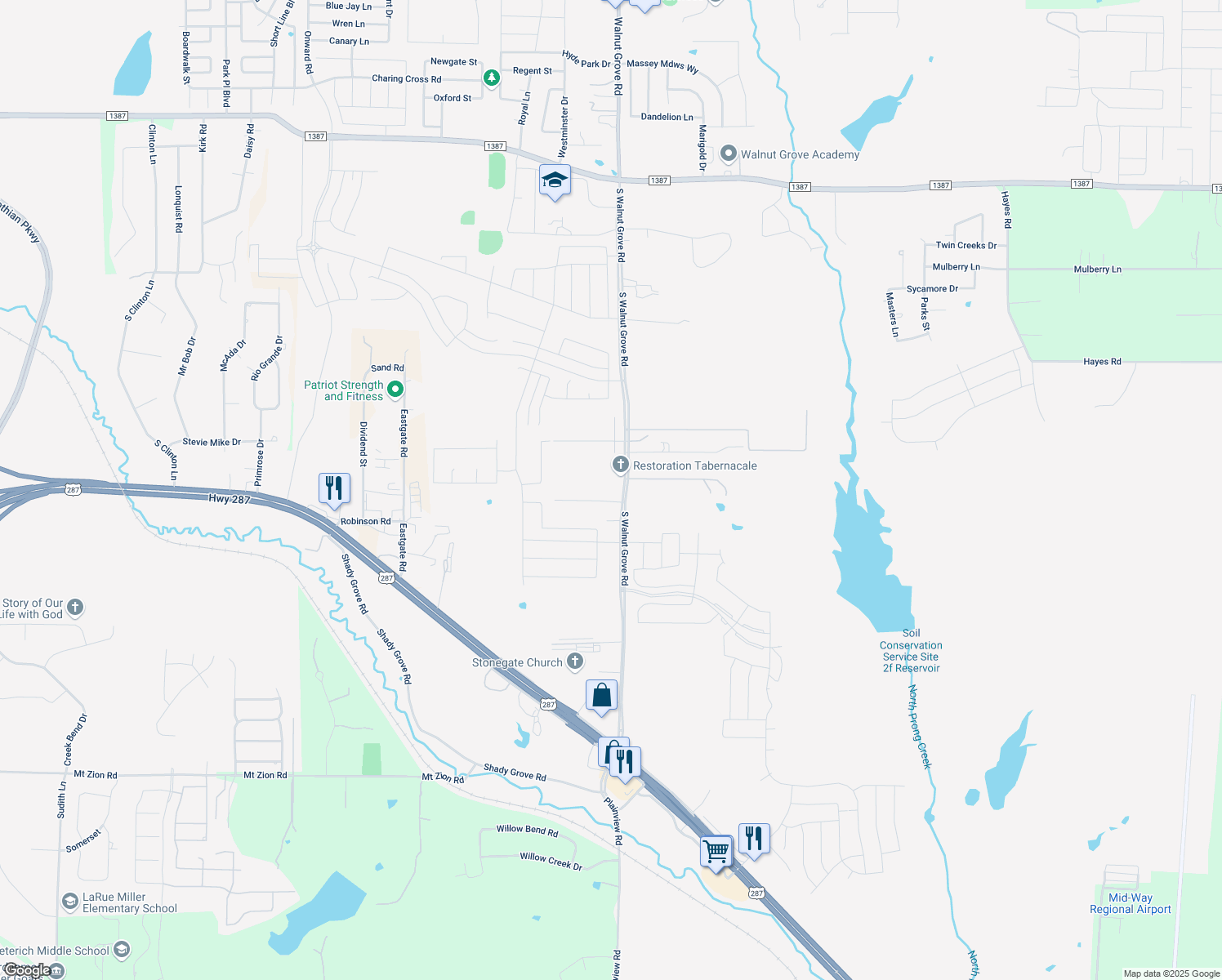 map of restaurants, bars, coffee shops, grocery stores, and more near 1081 South Walnut Grove Road in Midlothian