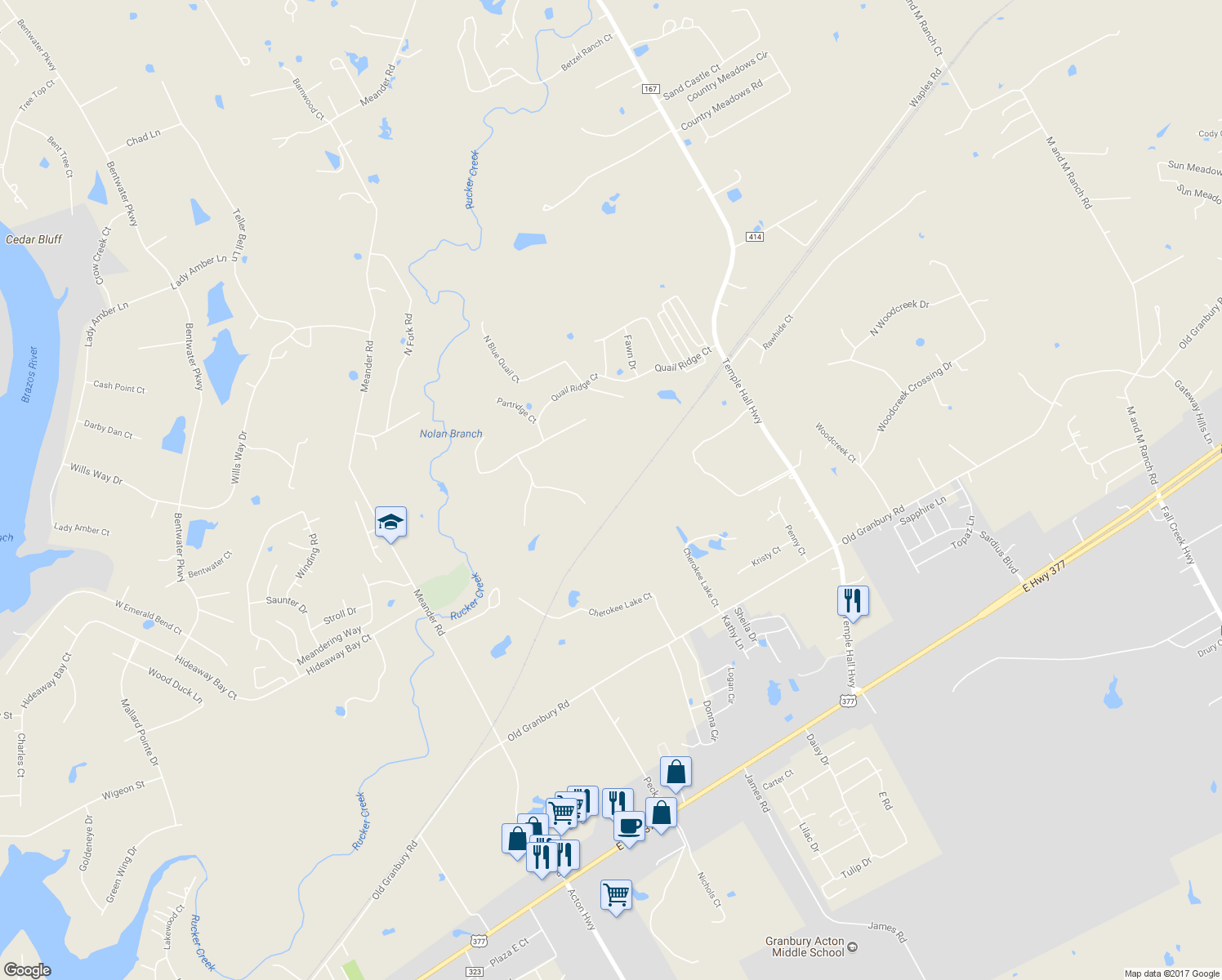 map of restaurants, bars, coffee shops, grocery stores, and more near 3427 Quail Ridge Court in Granbury