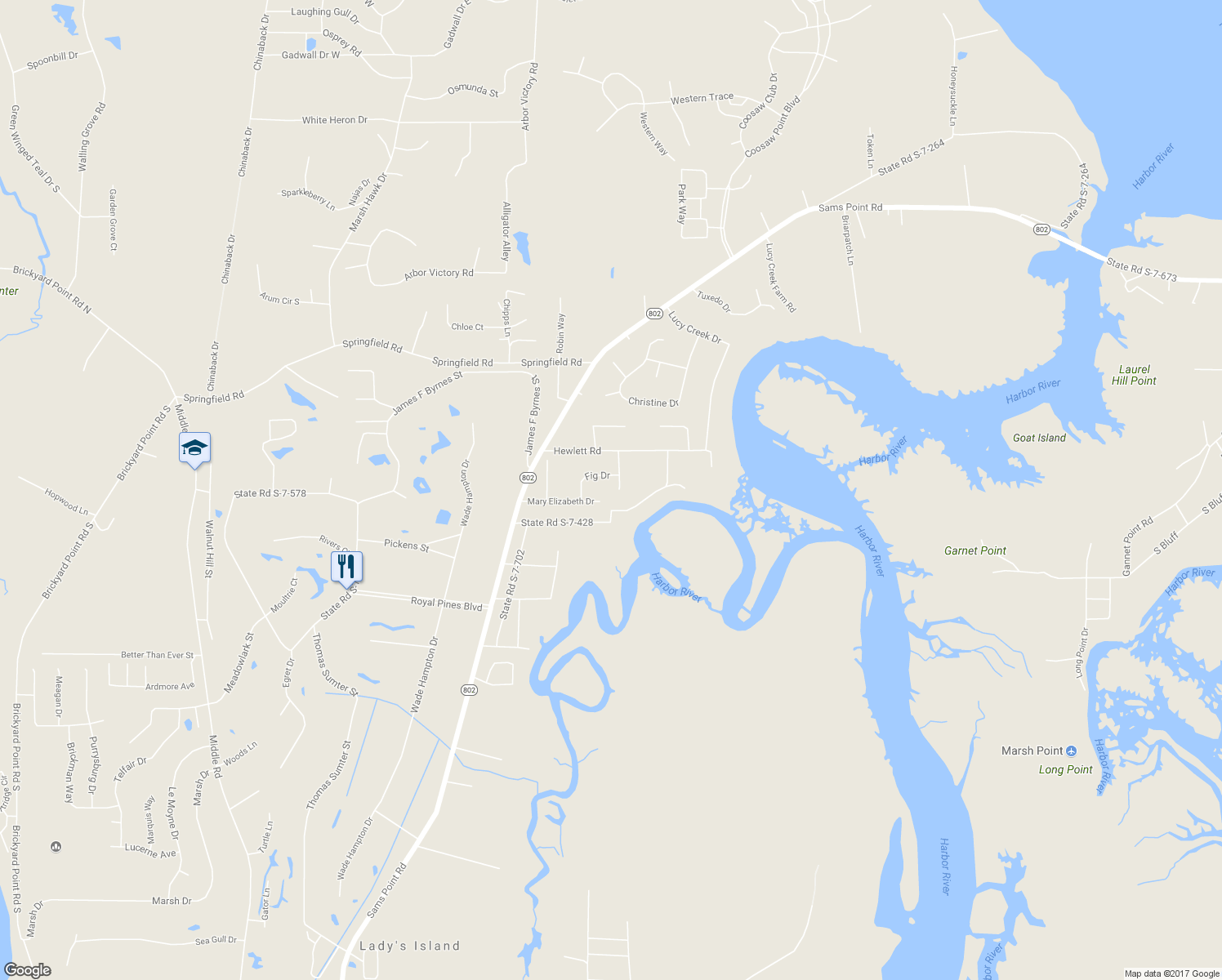 map of restaurants, bars, coffee shops, grocery stores, and more near 22 Spanish Moss Drive in Beaufort