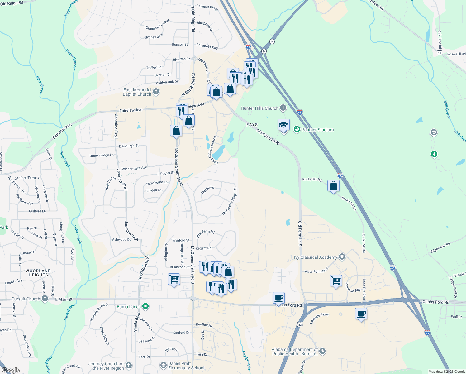 map of restaurants, bars, coffee shops, grocery stores, and more near 1957 Chancellor Ridge Road in Prattville
