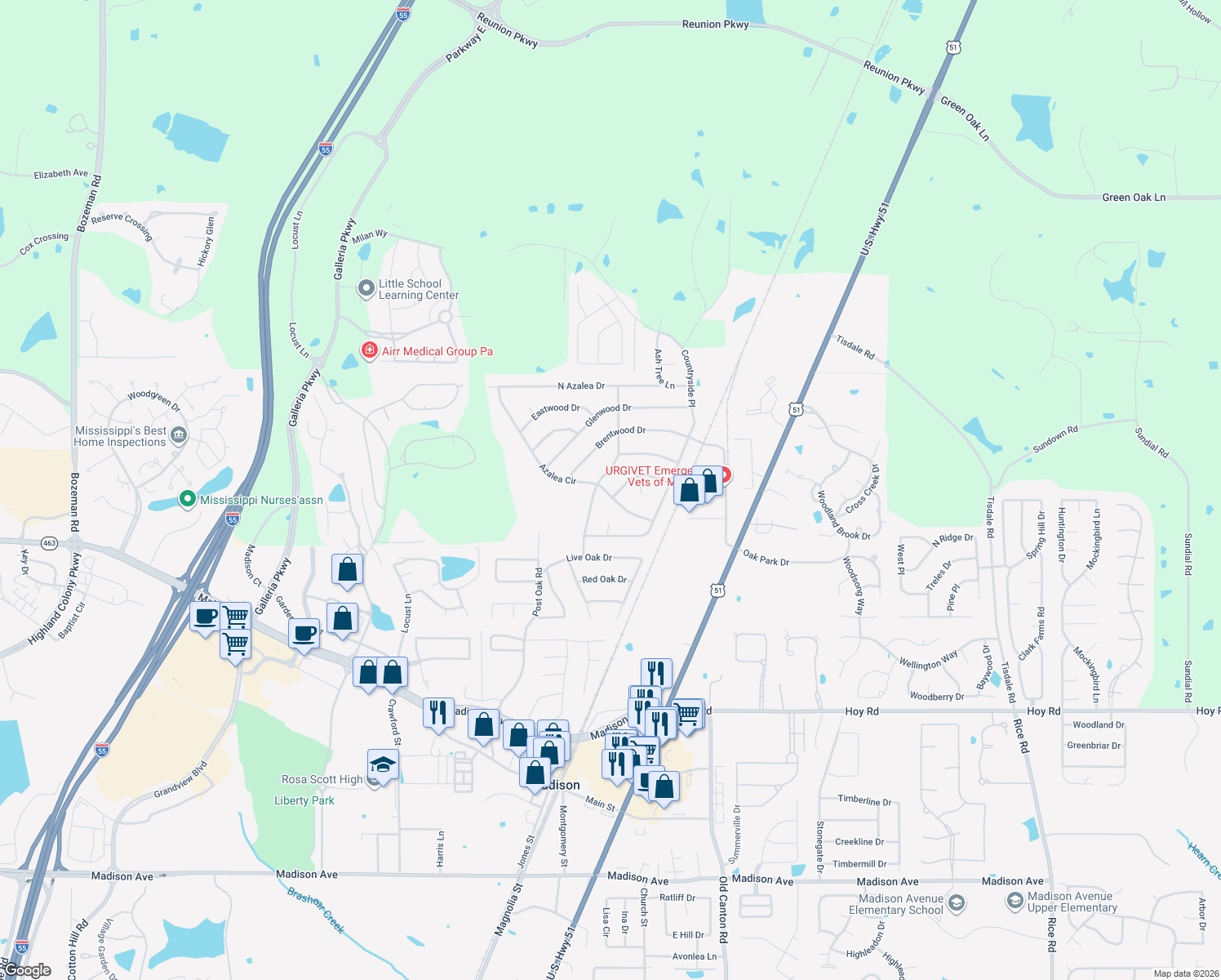 map of restaurants, bars, coffee shops, grocery stores, and more near 74 Camellia Ln in Madison