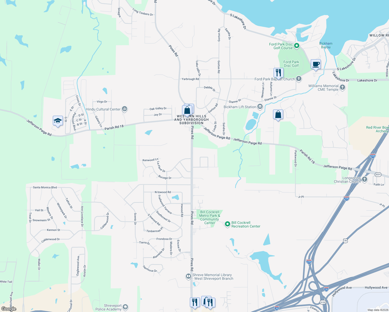 map of restaurants, bars, coffee shops, grocery stores, and more near 3809 Pines Rd in Shreveport