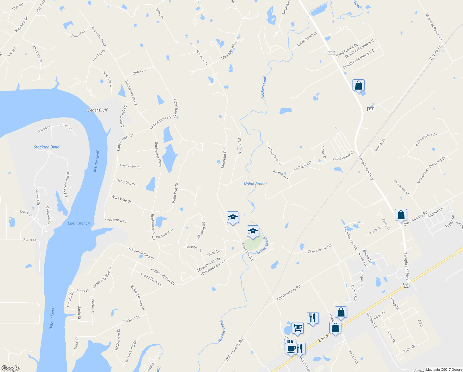 map of restaurants, bars, coffee shops, grocery stores, and more near 3019 North Fork Court in Granbury