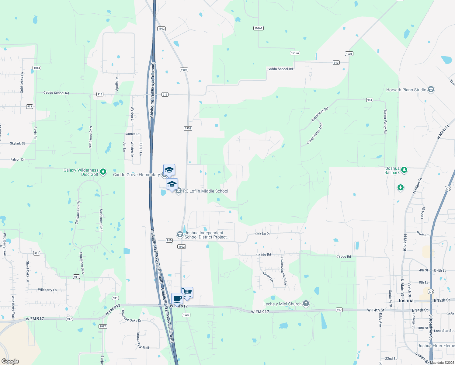 map of restaurants, bars, coffee shops, grocery stores, and more near 1705 Caddo Peak Road in Joshua