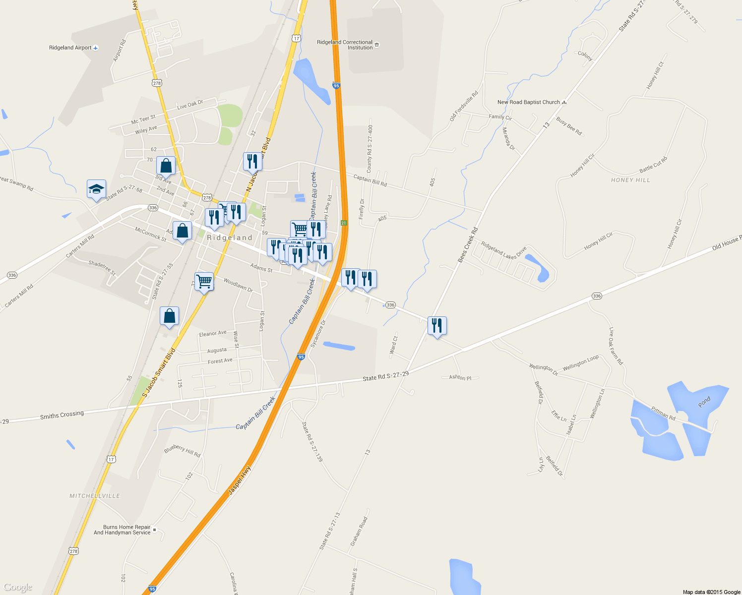 map of restaurants, bars, coffee shops, grocery stores, and more near Kelmont Dr in Ridgeland
