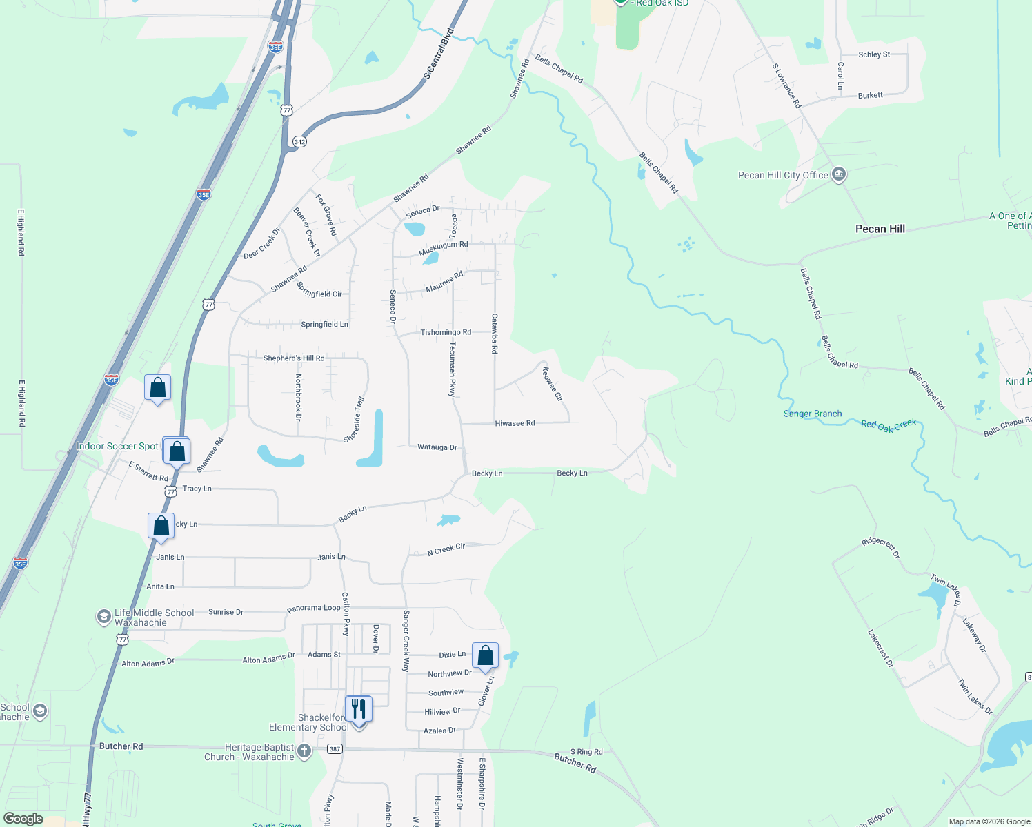 map of restaurants, bars, coffee shops, grocery stores, and more near 519 Hiwasee Road in Waxahachie