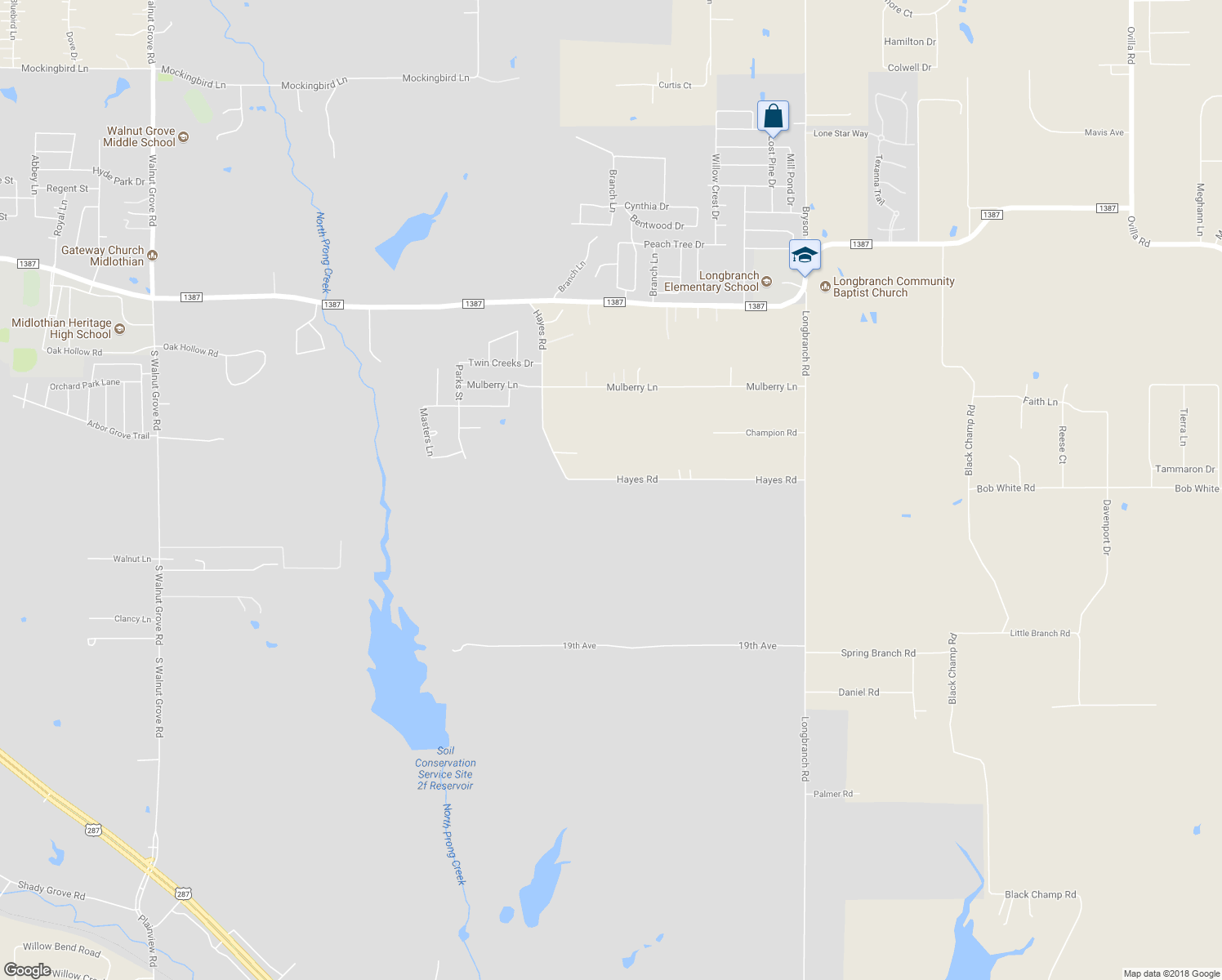 map of restaurants, bars, coffee shops, grocery stores, and more near 6240 Hayes Road in Midlothian