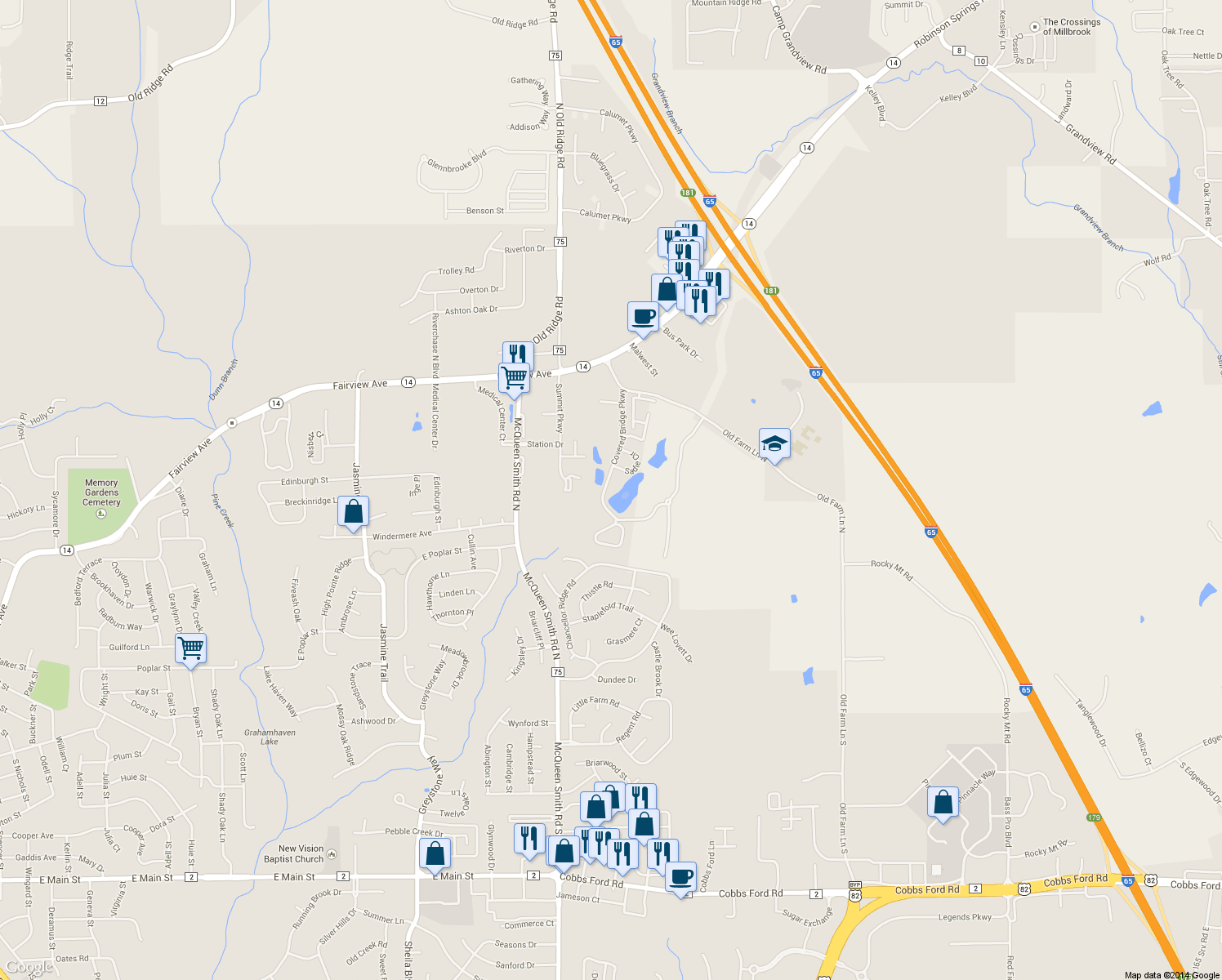 map of restaurants, bars, coffee shops, grocery stores, and more near 625 Covered Bridge Parkway in Prattville