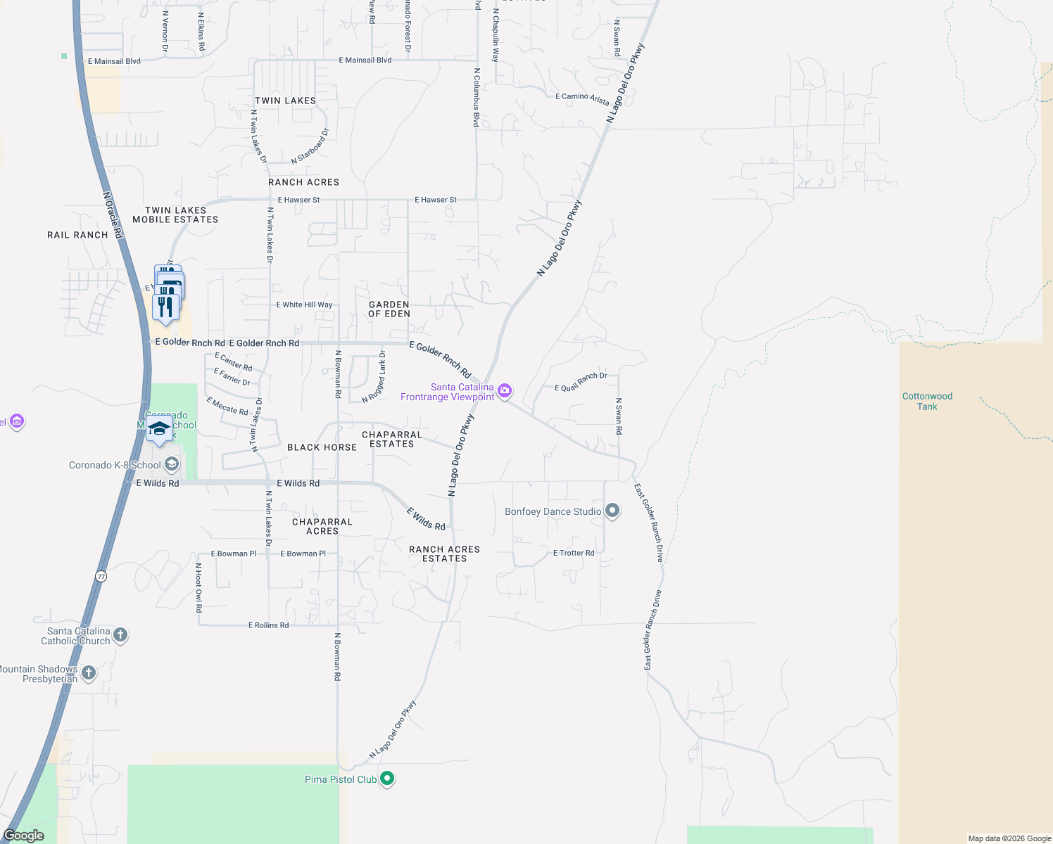 map of restaurants, bars, coffee shops, grocery stores, and more near 4420 East Golder Ranch Drive in Tucson
