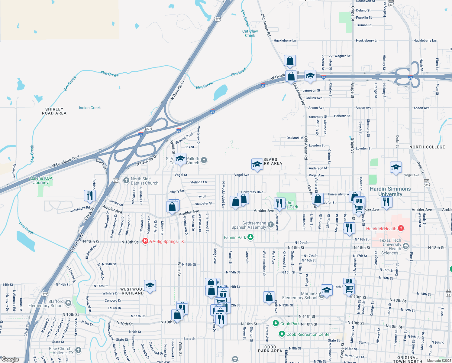 map of restaurants, bars, coffee shops, grocery stores, and more near 2433 North Mockingbird Lane in Abilene