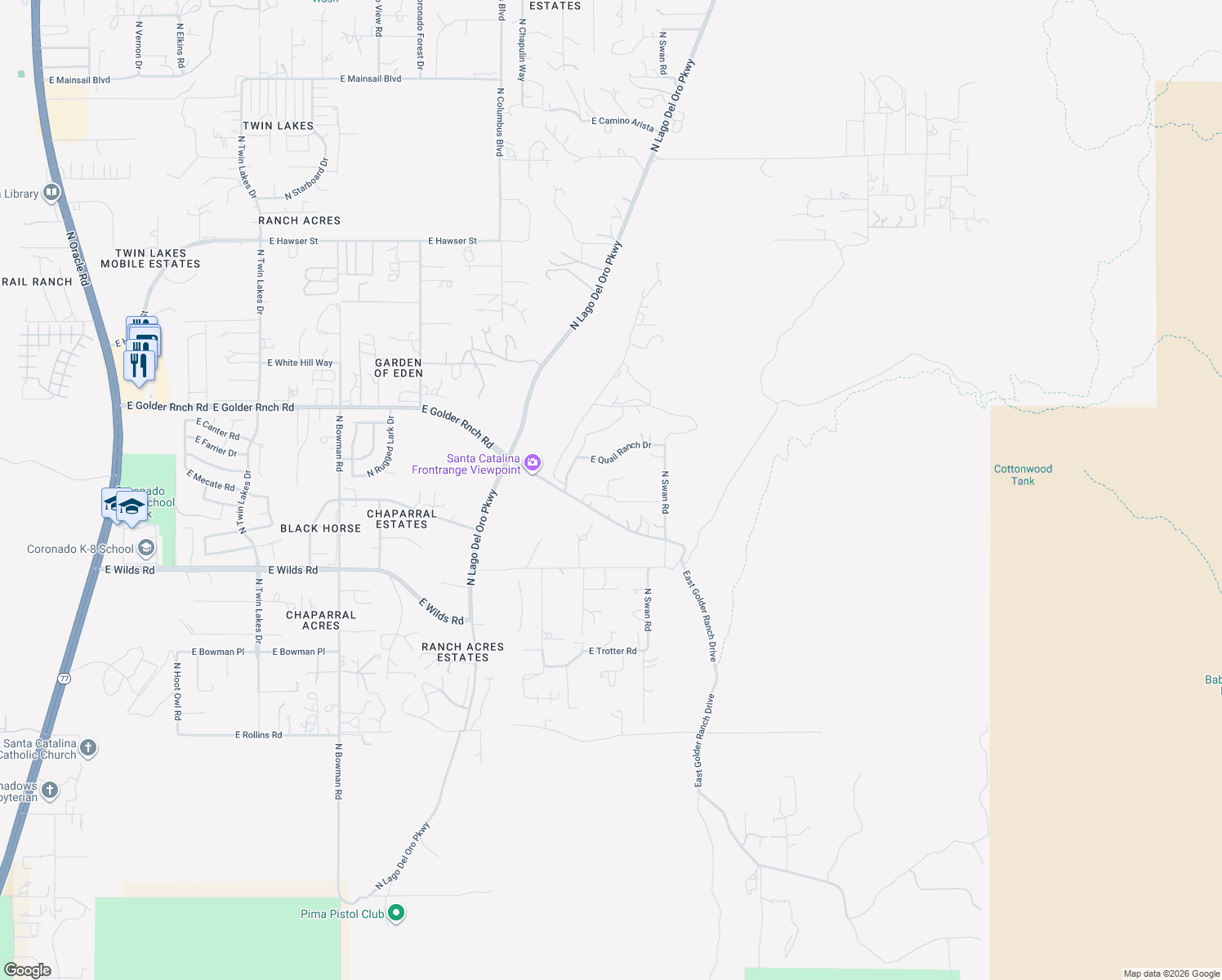 map of restaurants, bars, coffee shops, grocery stores, and more near 4541 East Redtail Hawk Lane in Tucson