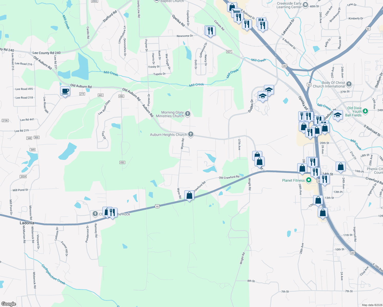 map of restaurants, bars, coffee shops, grocery stores, and more near 2007 43rd Avenue in Phenix City