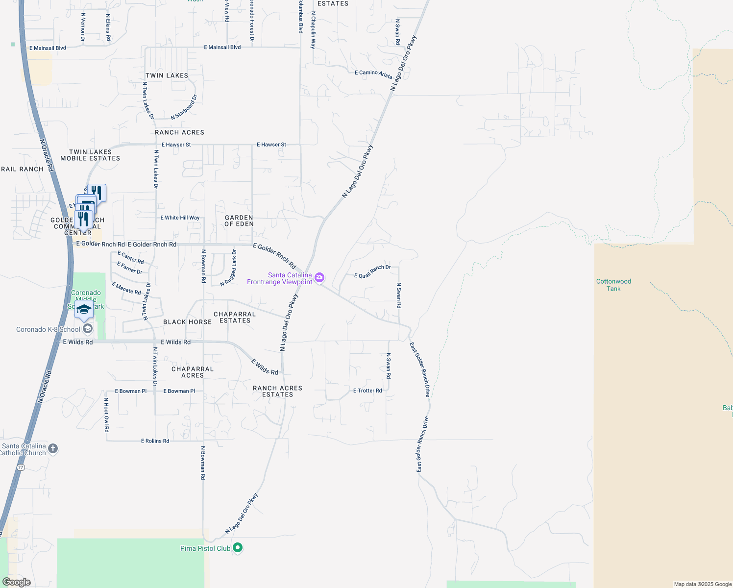map of restaurants, bars, coffee shops, grocery stores, and more near 4541 East Redtail Hawk Lane in Tucson