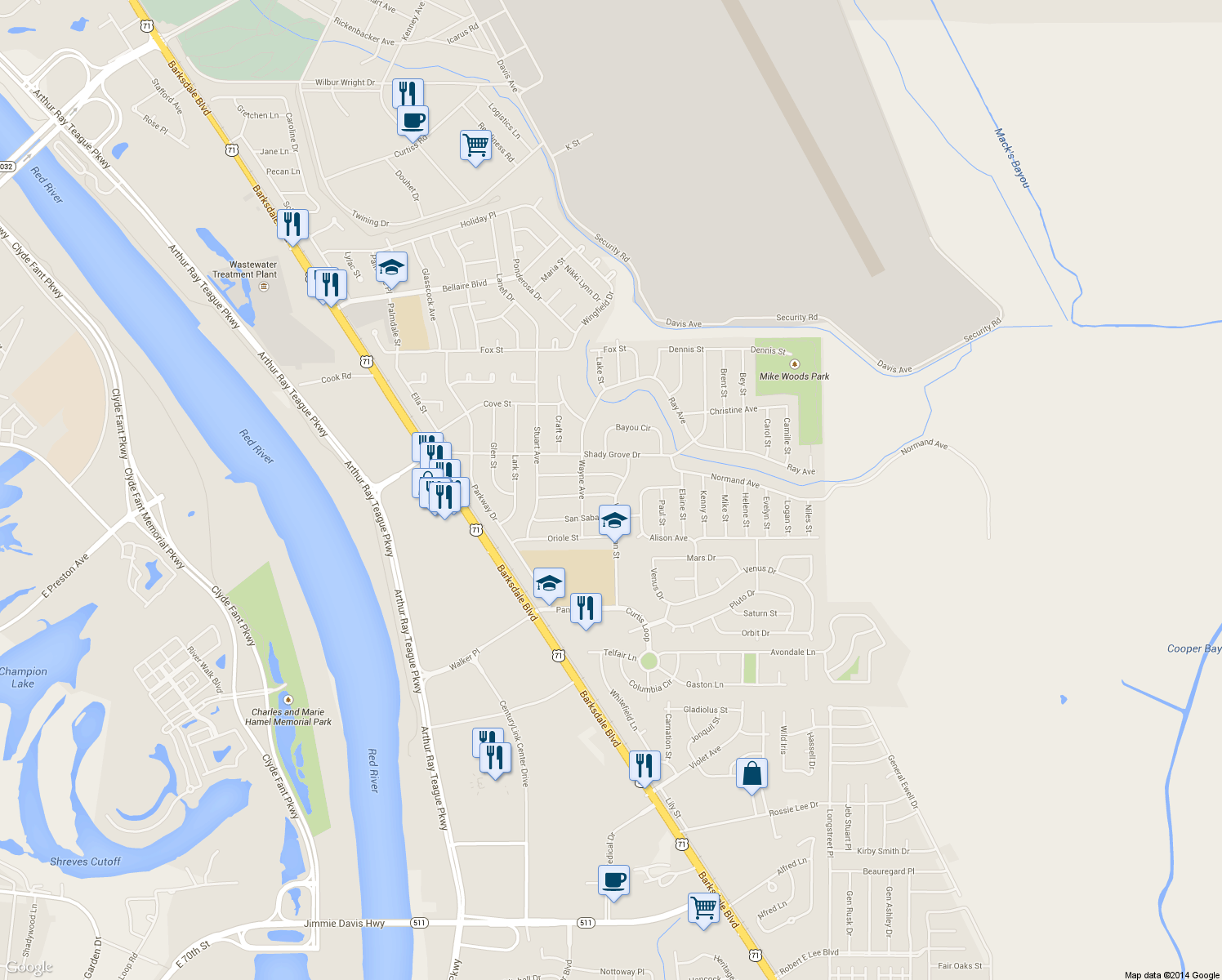 map of restaurants, bars, coffee shops, grocery stores, and more near 1713 Cline Street in Bossier City
