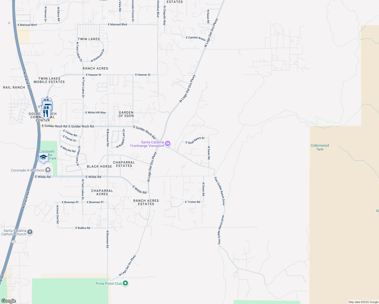 map of restaurants, bars, coffee shops, grocery stores, and more near 4541 East Redtail Hawk Lane in Tucson