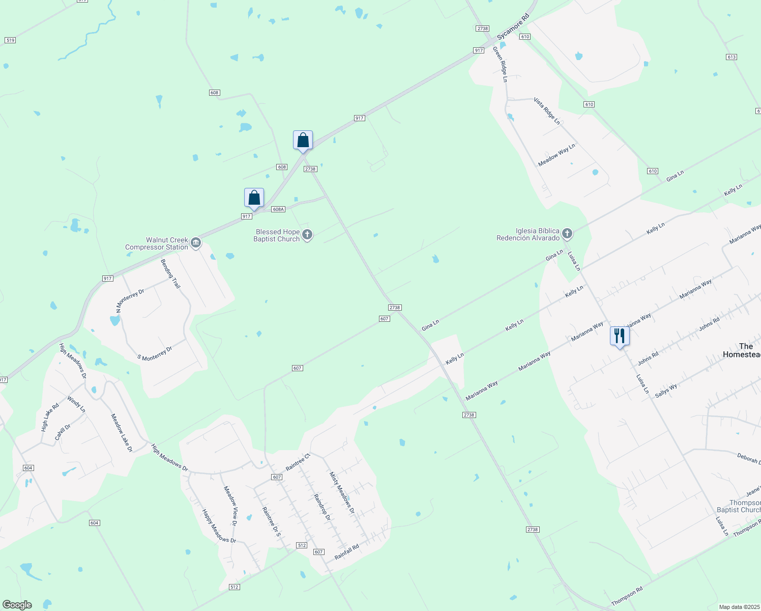map of restaurants, bars, coffee shops, grocery stores, and more near 4441 County Road 607 in Alvarado