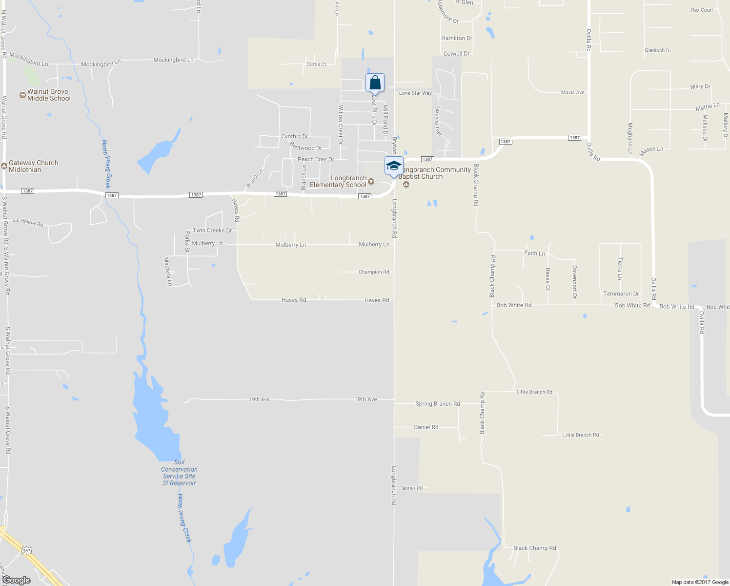 map of restaurants, bars, coffee shops, grocery stores, and more near 6641 Hayes Road in Midlothian