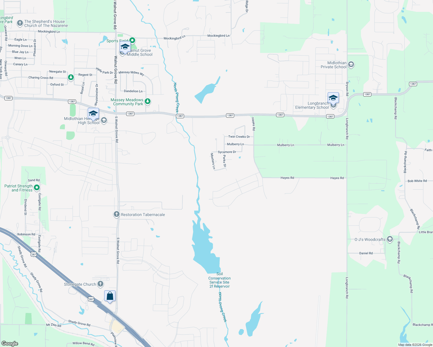 map of restaurants, bars, coffee shops, grocery stores, and more near 5220 Redwood Ln in Midlothian