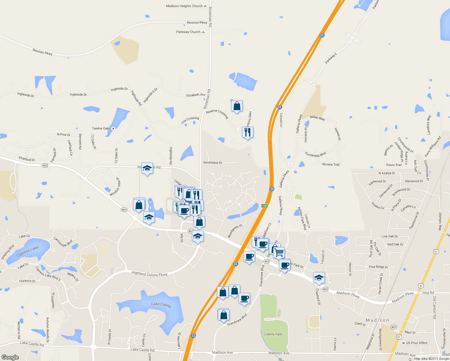map of restaurants, bars, coffee shops, grocery stores, and more near 160-198 Deertrail Ln in Madison