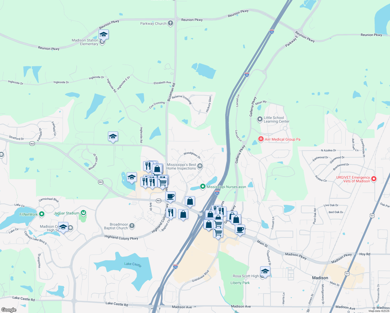 map of restaurants, bars, coffee shops, grocery stores, and more near 160 Deertrail Ln in Madison