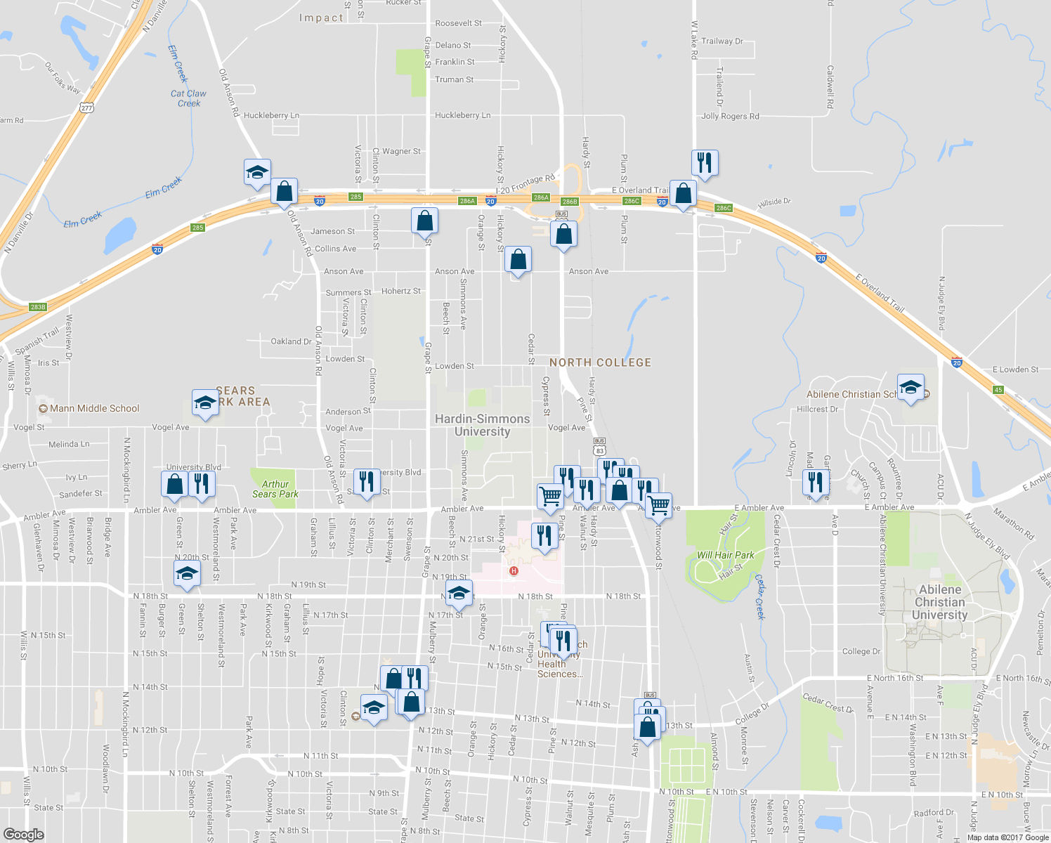map of restaurants, bars, coffee shops, grocery stores, and more near 1204 Vogel Street in Abilene
