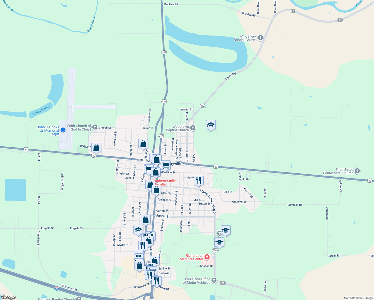 map of restaurants, bars, coffee shops, grocery stores, and more near 198 Elm Street in Rayville