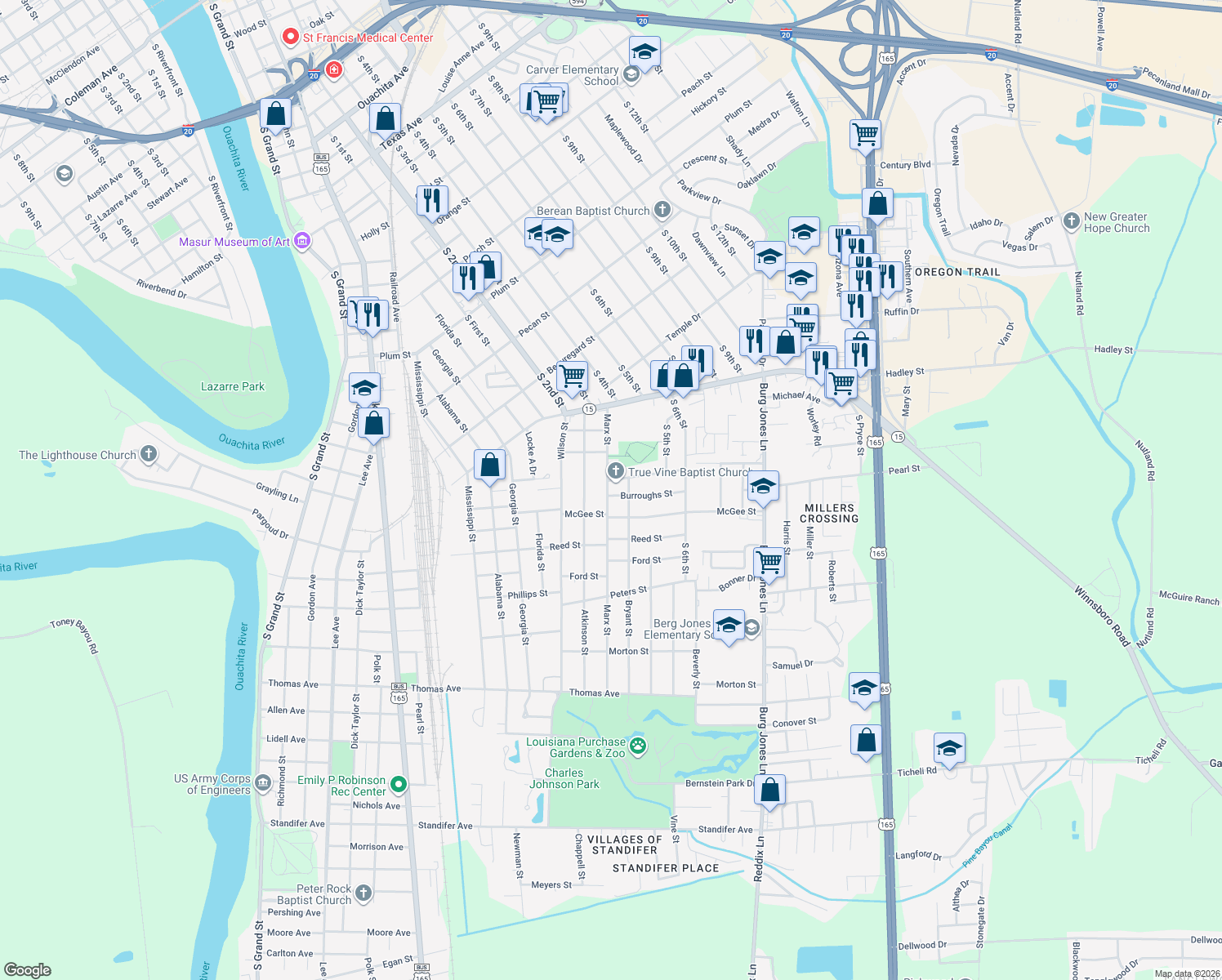 map of restaurants, bars, coffee shops, grocery stores, and more near 801 Burroughs St in Monroe