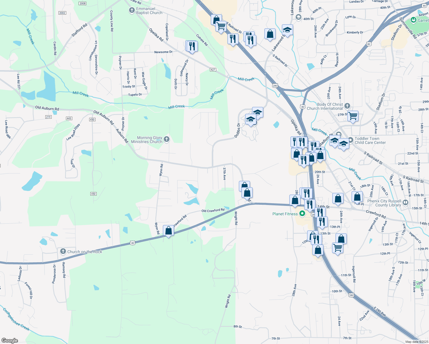 map of restaurants, bars, coffee shops, grocery stores, and more near 1912 Kittrell Drive in Phenix City