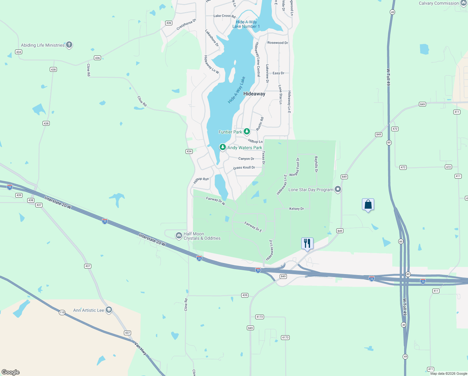 map of restaurants, bars, coffee shops, grocery stores, and more near 219 Hide a Way Lane East in Hideaway