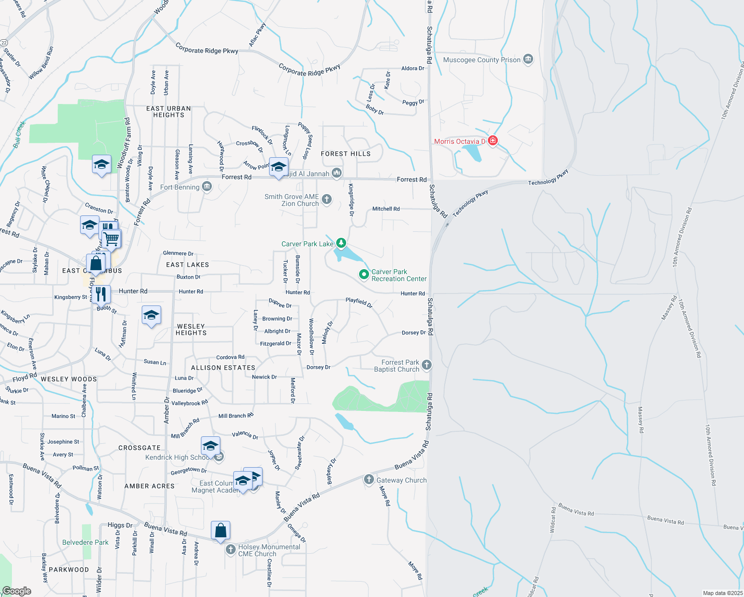map of restaurants, bars, coffee shops, grocery stores, and more near 7 Playfield Court in Columbus