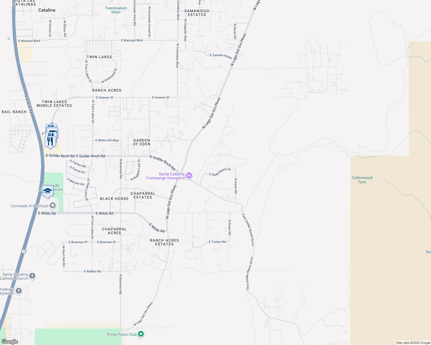 map of restaurants, bars, coffee shops, grocery stores, and more near 4539 East Golder Ranch Drive in Tucson