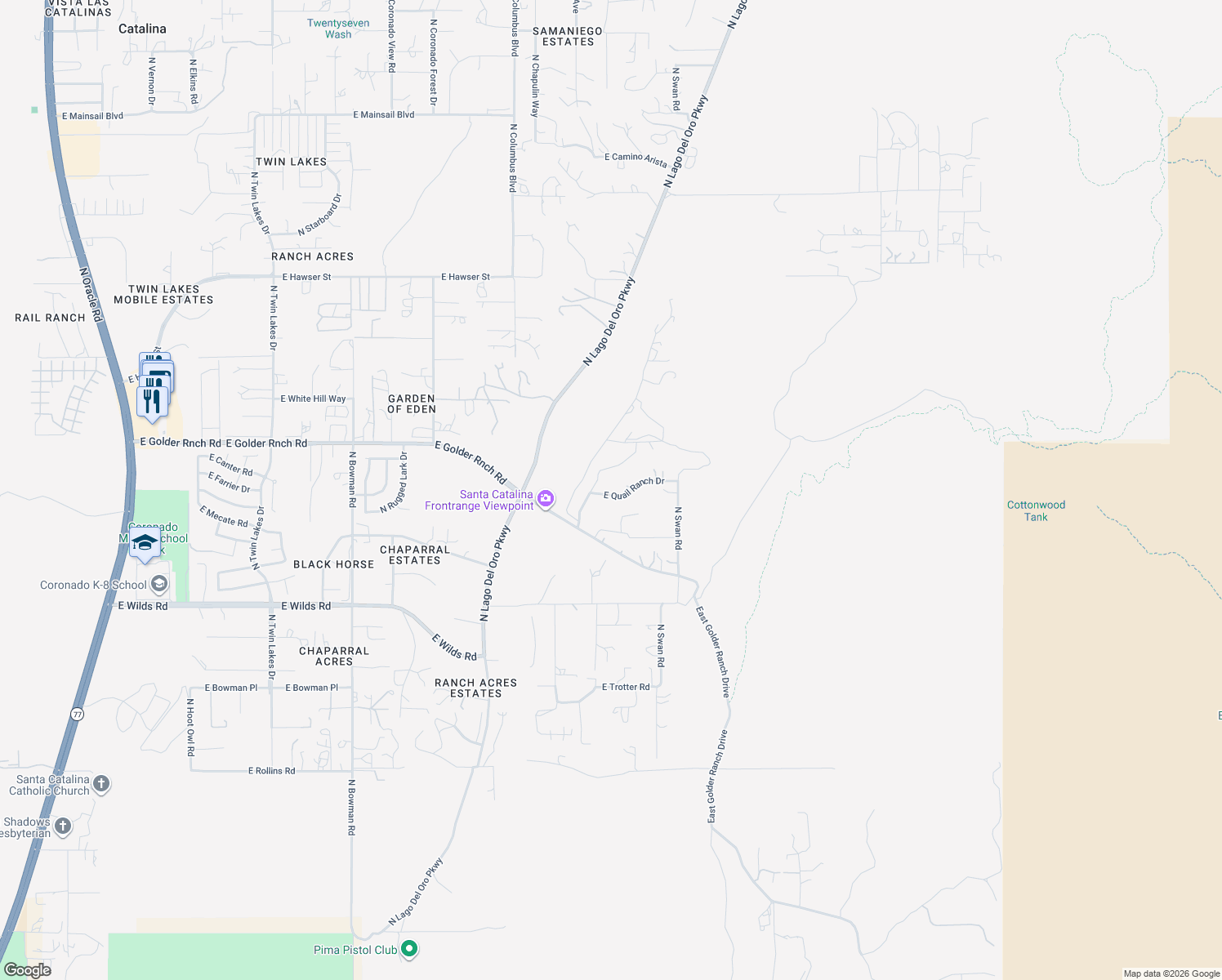 map of restaurants, bars, coffee shops, grocery stores, and more near 4539 East Golder Ranch Drive in Tucson