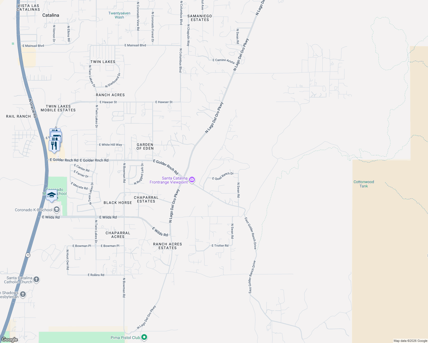 map of restaurants, bars, coffee shops, grocery stores, and more near 15126 East Red Range Lane in Tucson