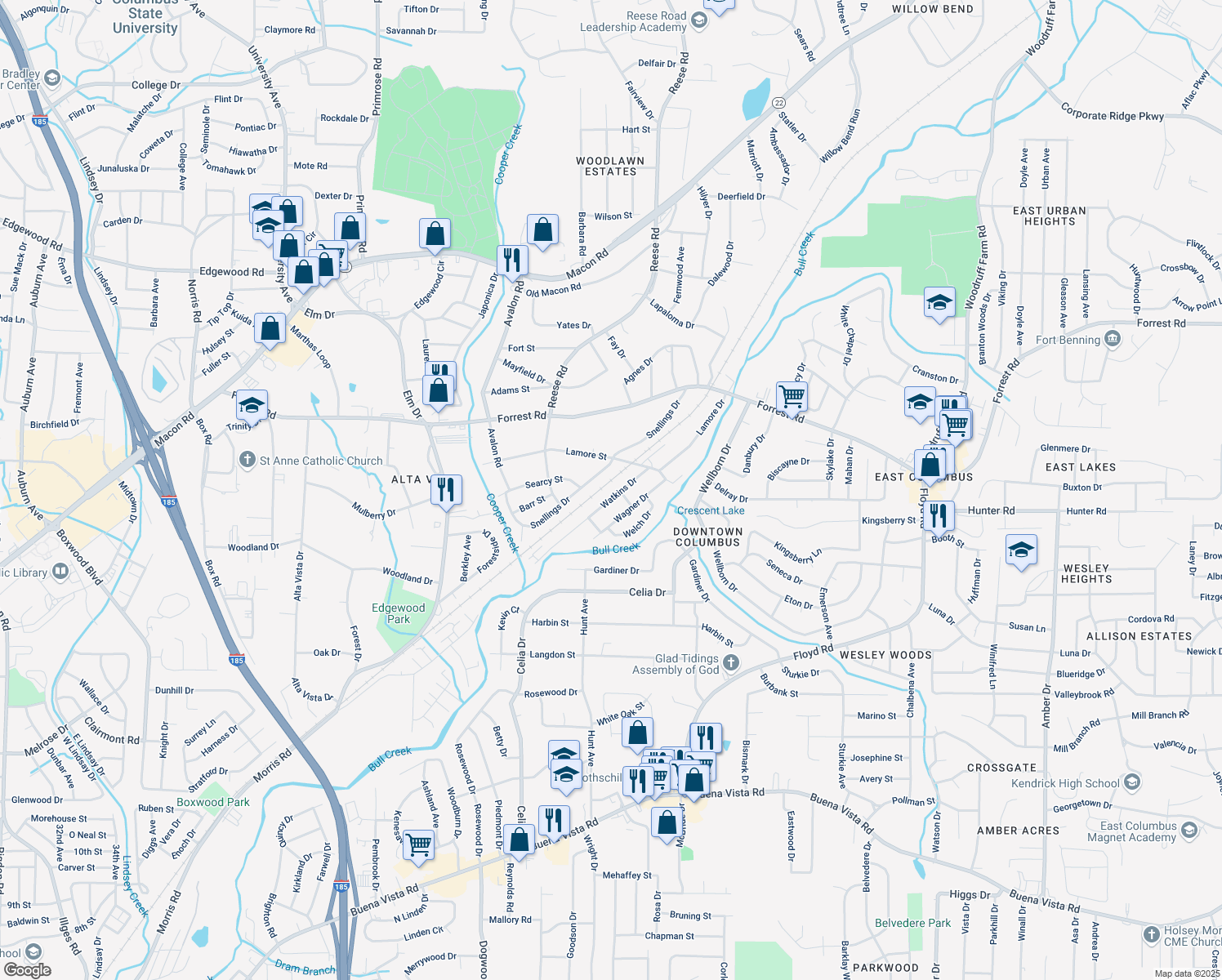 map of restaurants, bars, coffee shops, grocery stores, and more near 2215 Watkins Drive in Columbus