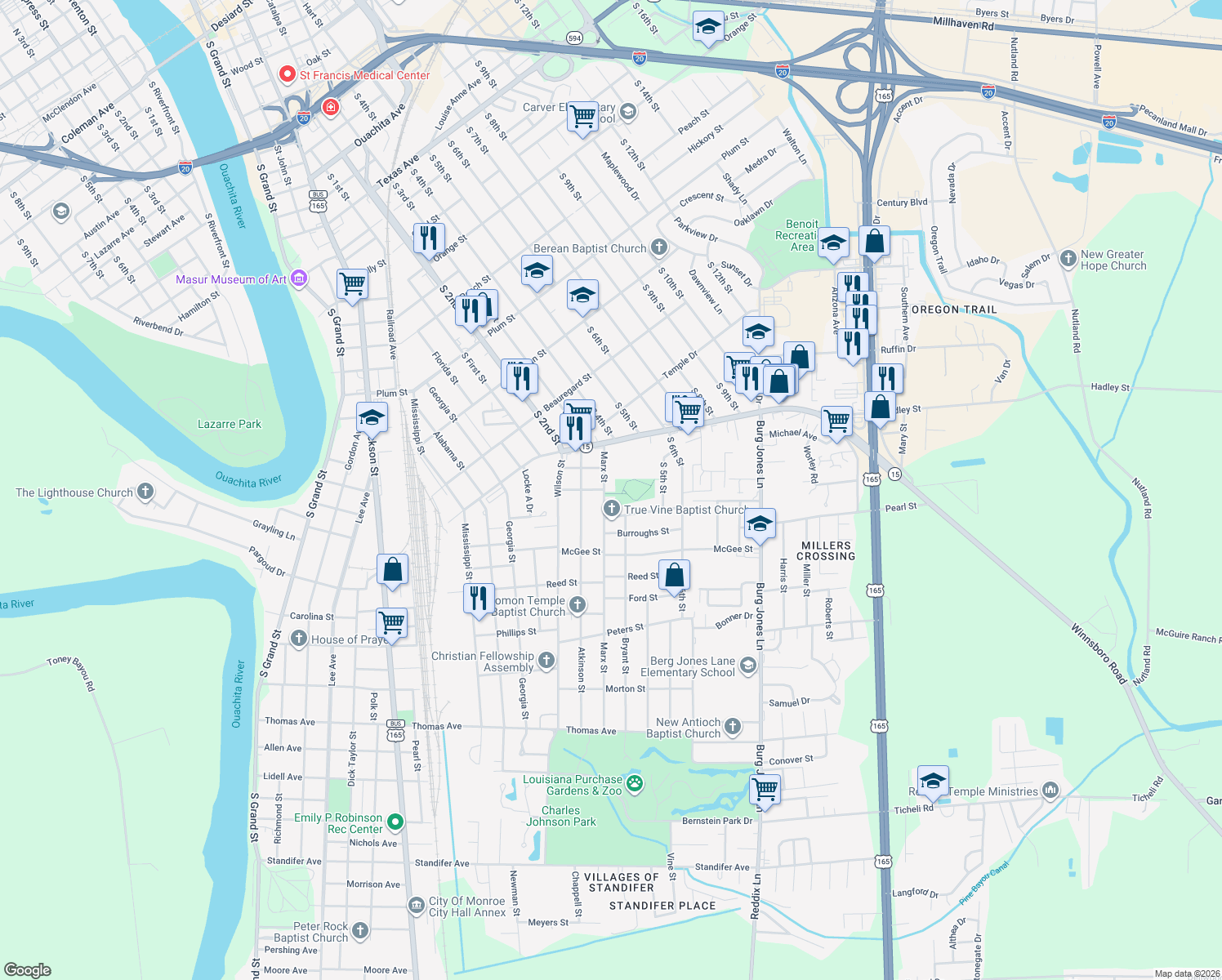 map of restaurants, bars, coffee shops, grocery stores, and more near 213 Marx St in Monroe