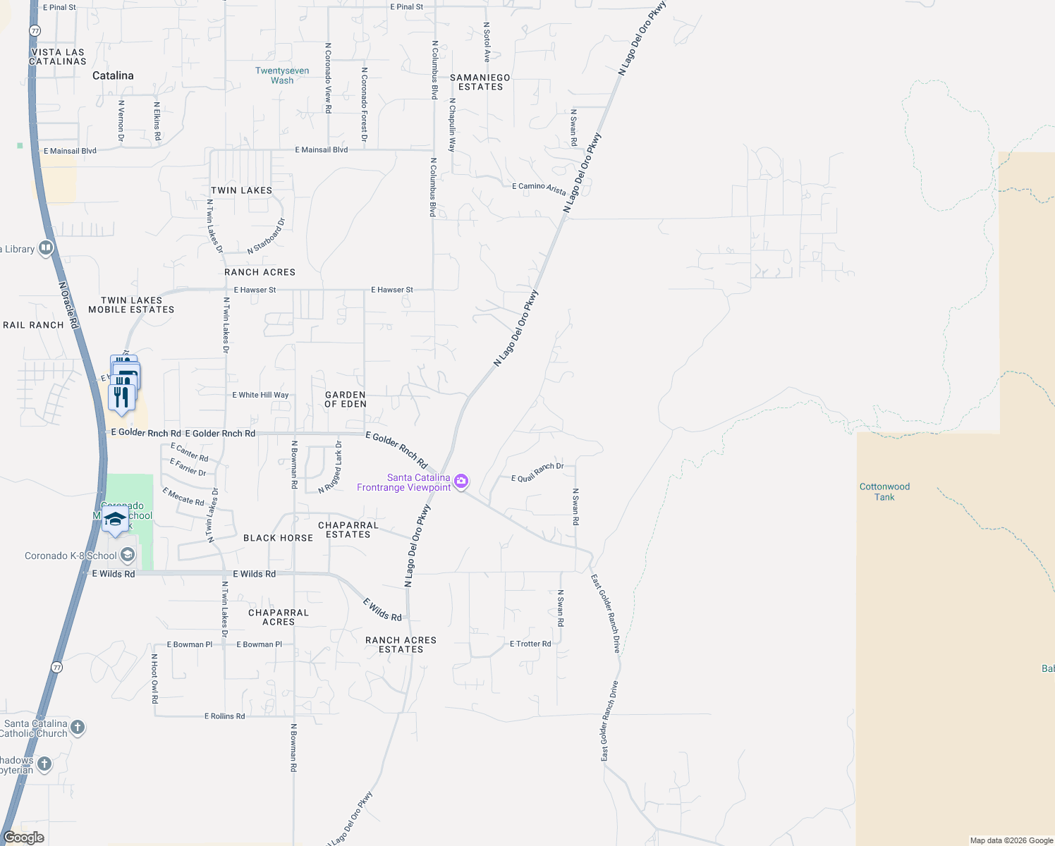 map of restaurants, bars, coffee shops, grocery stores, and more near 15140 North Ironwood Tree Road in Tucson
