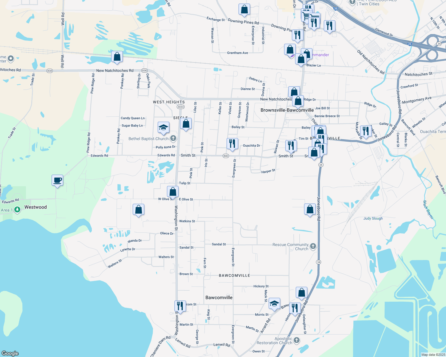 map of restaurants, bars, coffee shops, grocery stores, and more near 614 Tulip St in West Monroe
