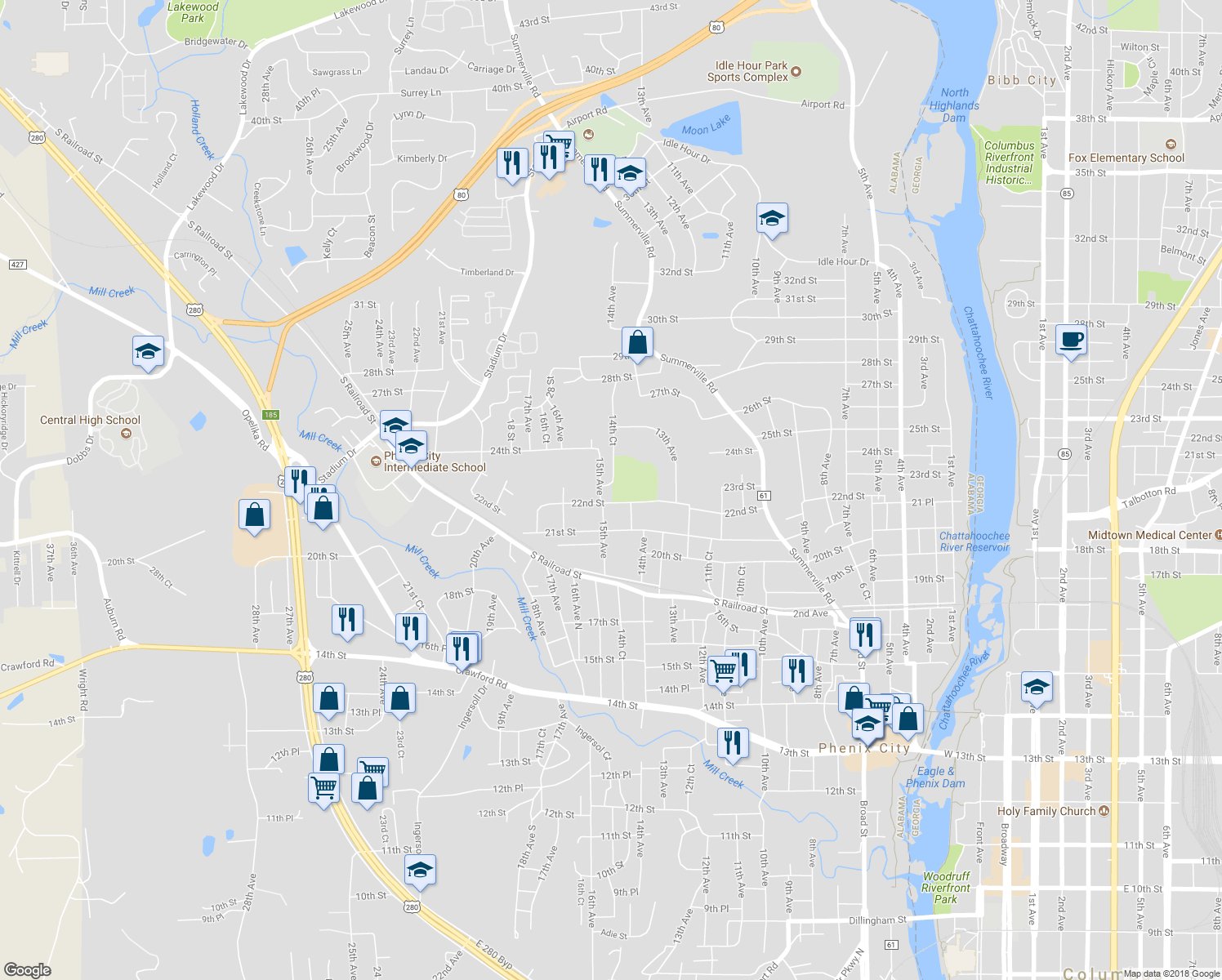 map of restaurants, bars, coffee shops, grocery stores, and more near 2300 14th Court in Phenix City