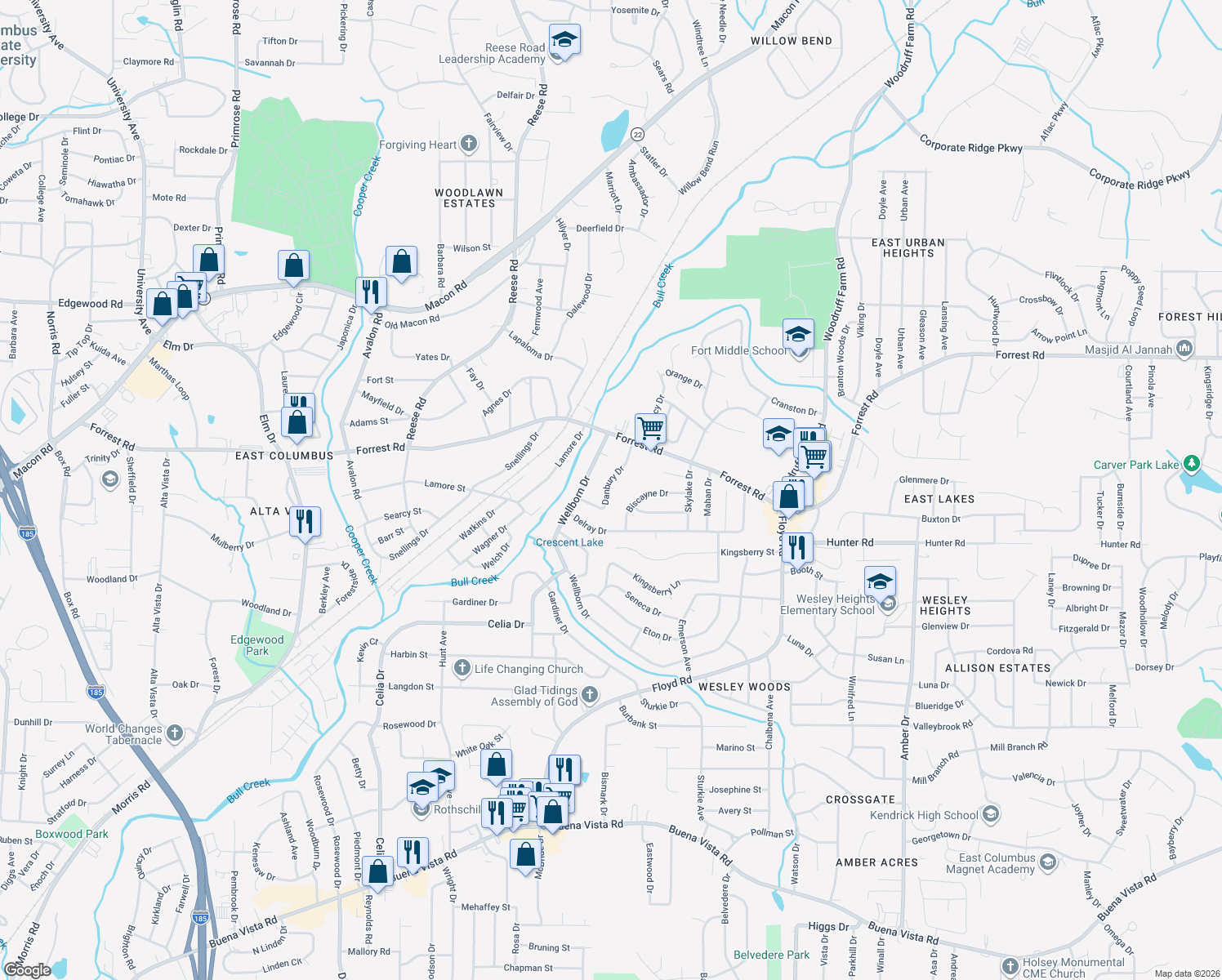 map of restaurants, bars, coffee shops, grocery stores, and more near 2260 Danbury Drive in Columbus