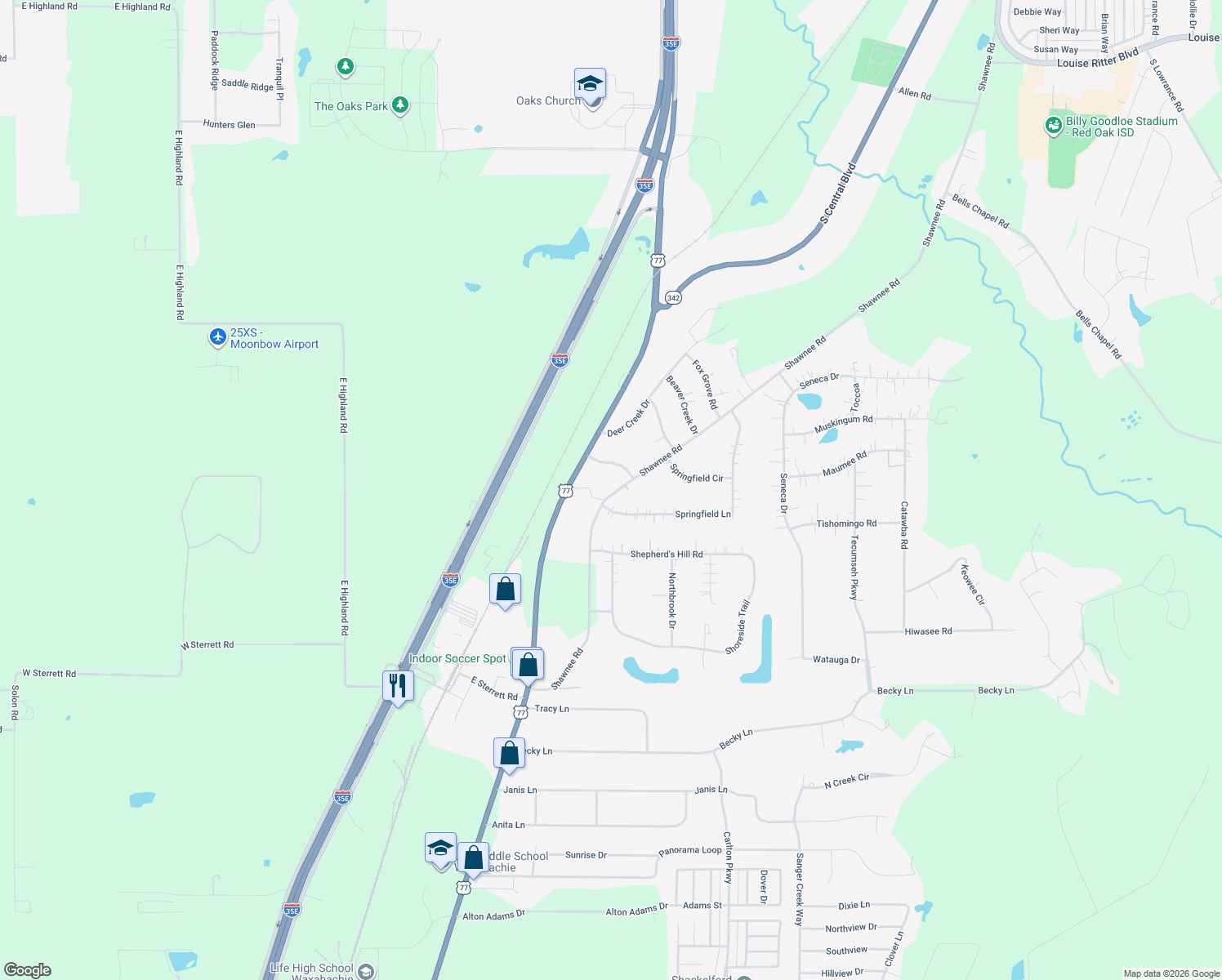map of restaurants, bars, coffee shops, grocery stores, and more near 1413 Shawnee Rd in Waxahachie