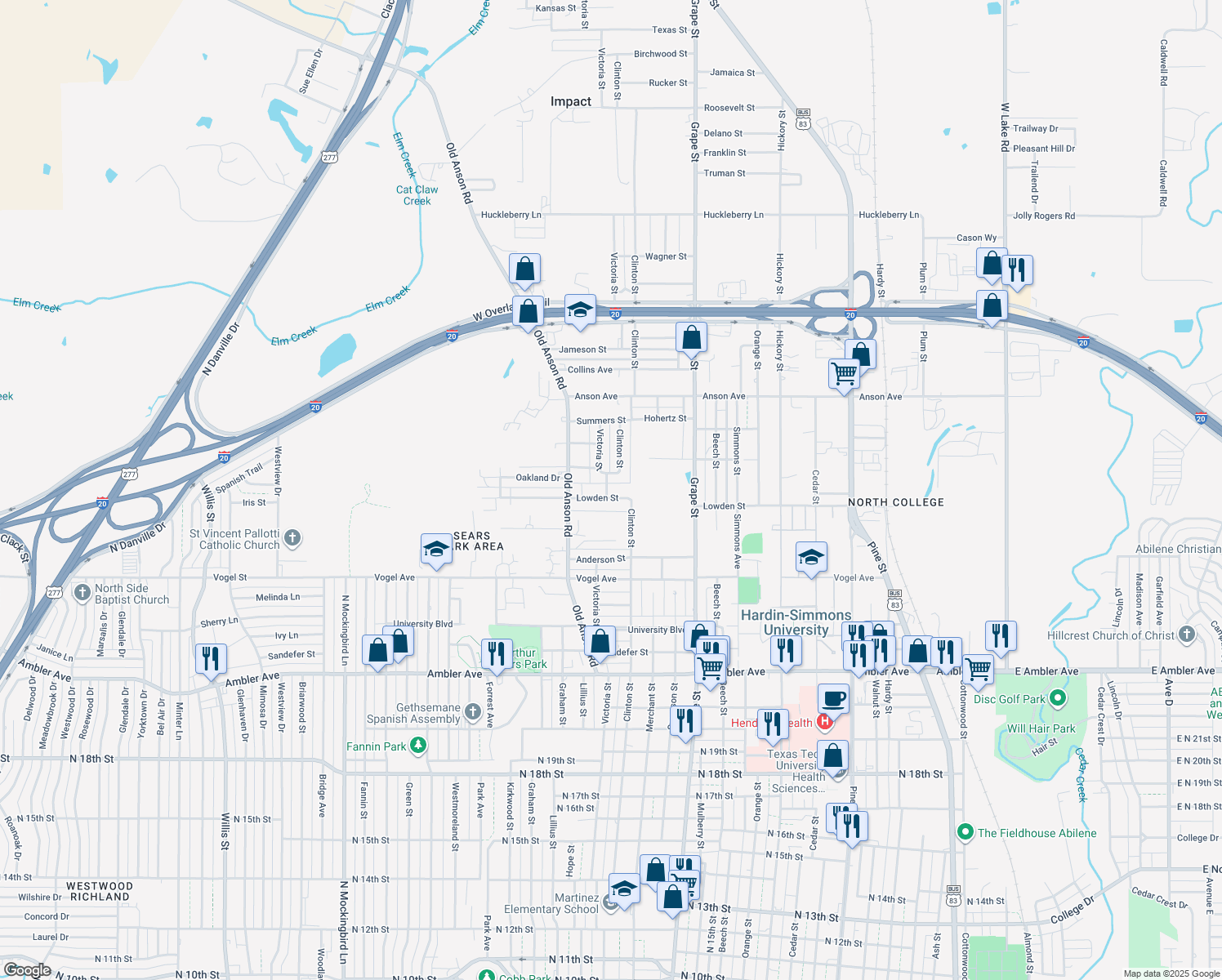 map of restaurants, bars, coffee shops, grocery stores, and more near 1934 Lowden Street in Abilene
